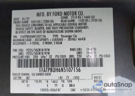 2022 Ford Mustang Ecoboost Premium из США, поврежденный, VIN 1FATP8UH6N5107156